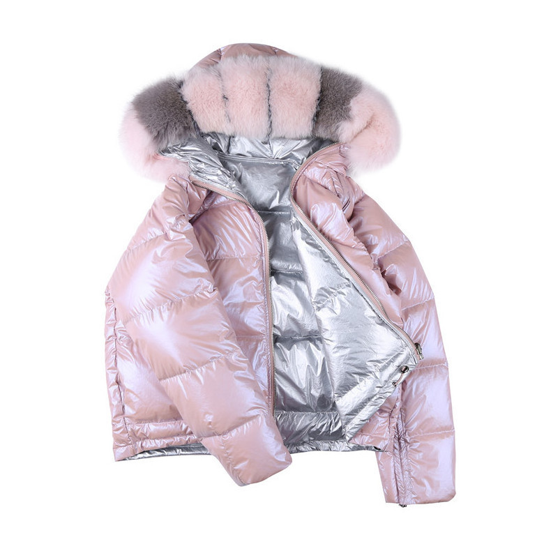 Jtfur Winter Shiny Bubble Down Jacket Coats Women Faux Fur Trim Hooded Down Coat