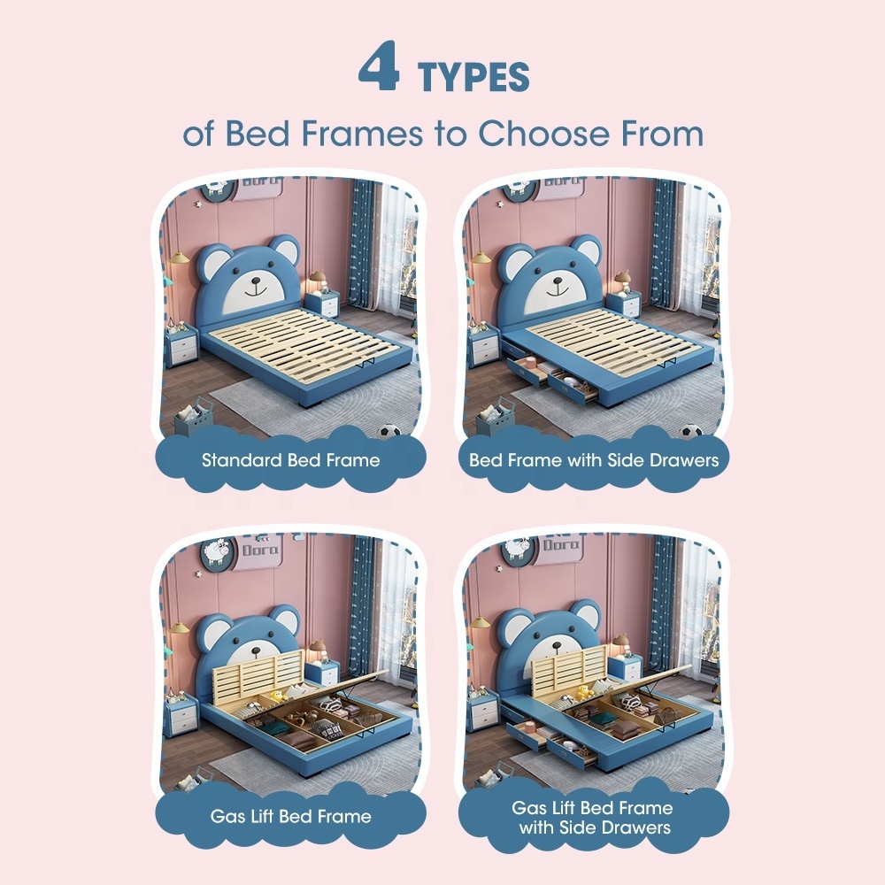 Cartoon bear fabric leather headboard ottoman gas lift drawer mattress upholstered children wood storage platform kid bed frames