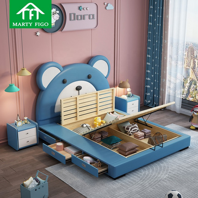 Cartoon bear fabric leather headboard ottoman gas lift drawer mattress upholstered children wood storage platform kid bed frames