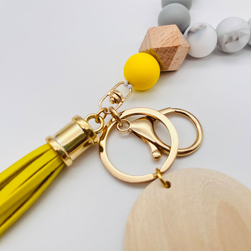 Hot Sale Colorful Monogram Elastic Silicone Beads Key Chain with Wood Disc Beaded Silicone Wristlet Bracelet Keychain