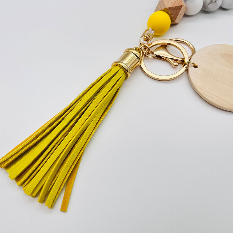 Hot Sale Colorful Monogram Elastic Silicone Beads Key Chain with Wood Disc Beaded Silicone Wristlet Bracelet Keychain