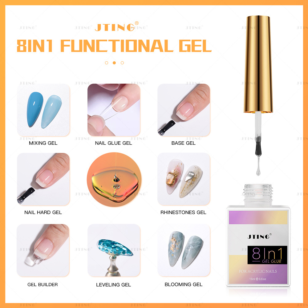 JTING Hot Popular 8IN1 Multi Function nail glue gel for Rhinestone nail hard top coat base gel Nail Blooming Mixing gel OEM ODM