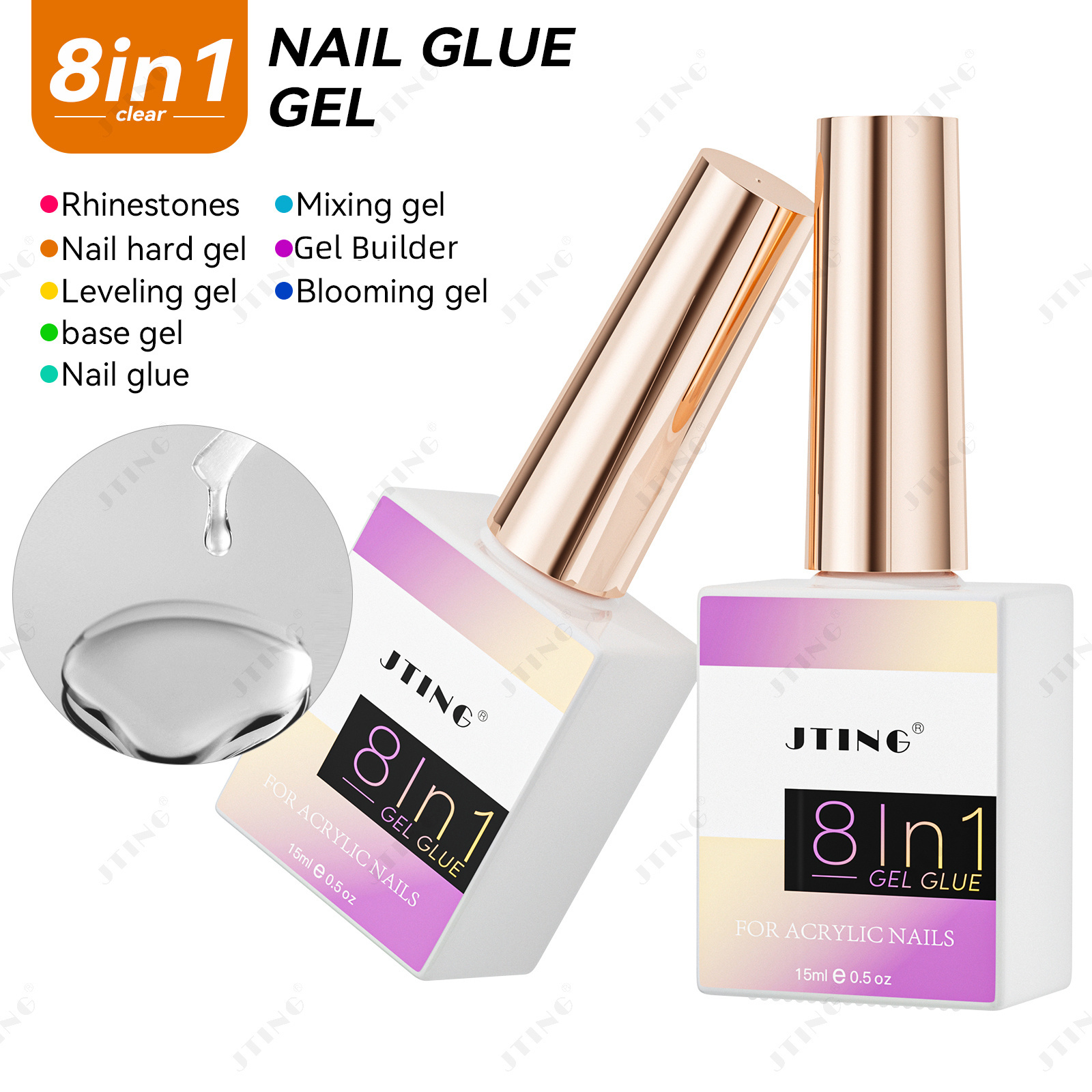 JTING Hot Popular 8IN1 Multi Function nail glue gel for Rhinestone nail hard top coat base gel Nail Blooming Mixing gel OEM ODM