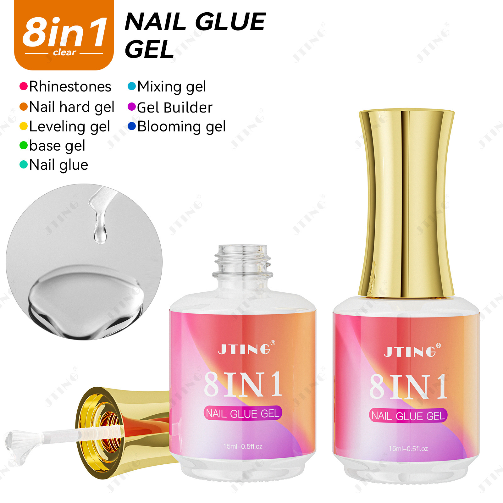 JTING Hot popular 8in1 multi function nail glue gel for Rhinestone OEM ODM  nail hard top coat base gel Nail Blooming Mixing gel