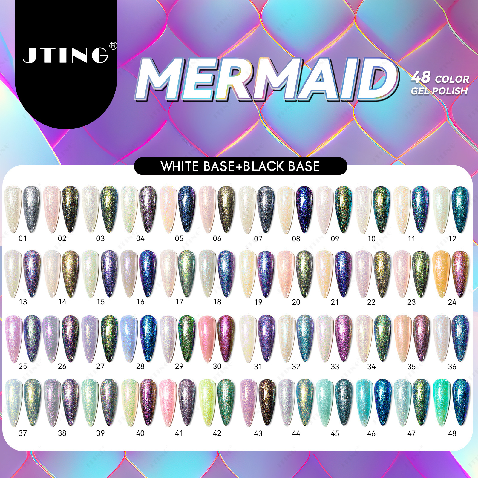 JTING New arrival Holographic Mermaid gel nail polish collection 48colors set box with unique bear color book OEM nail supplies