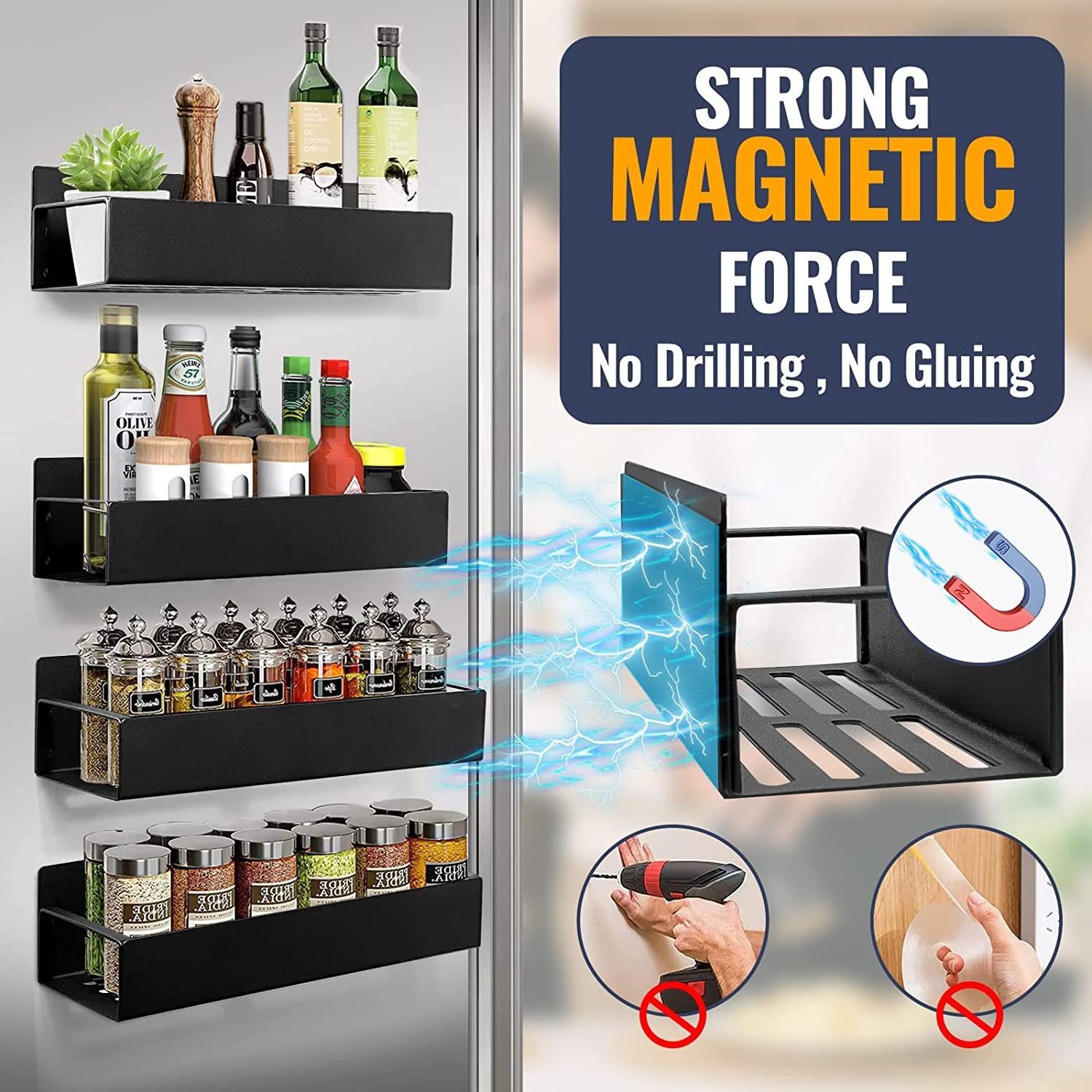 Drill Free Strong Magnetic Storage Organizer Shelf 4 Pack Moveable Fridge Magnetic Spice Rack for Refrigerator