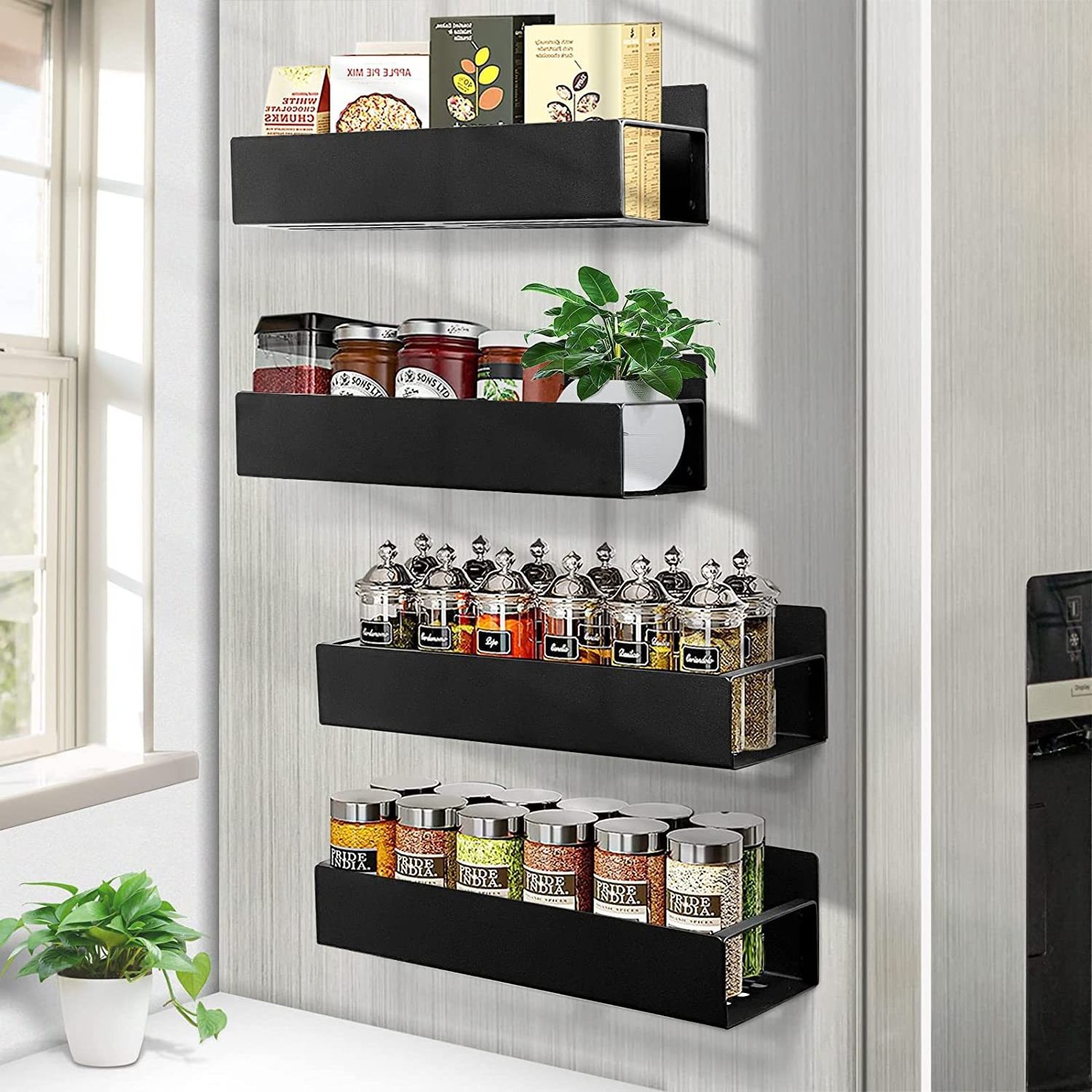 Drill Free Strong Magnetic Storage Organizer Shelf 4 Pack Moveable Fridge Magnetic Spice Rack for Refrigerator