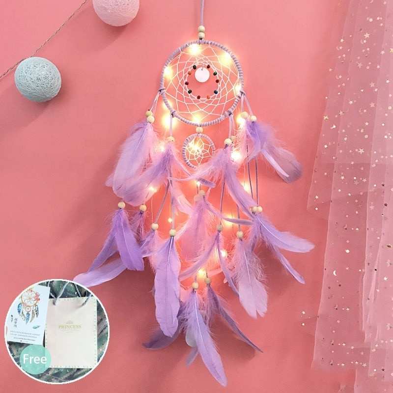 Wholesale Dream Catchers Rings, Room Nursery Decor for Girls Boys, Handmade Feather Wall Decor with LED Lights Dream Catcher