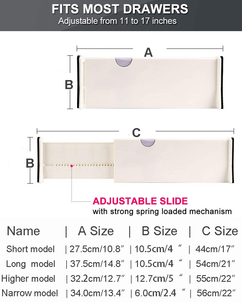 High Expandable Plastic Drawer Dividers Organizer Adjustable Separators  or Bedroom Bathroom, Closet,Clothing, Office