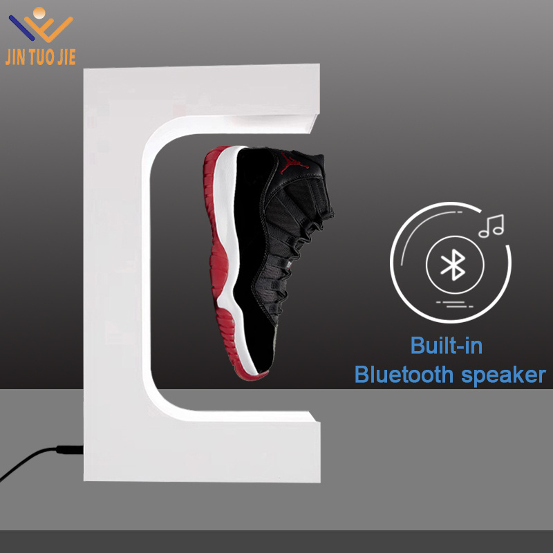 Hot selling acrylic magnetic floating display case box stands shelf for shoes with speaker LED light