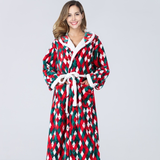 Christmas Checkered Bathrobe Hat Hooded Color Matching Flannel Christmas Luxury Onesie Pajamas Nightgown for Women