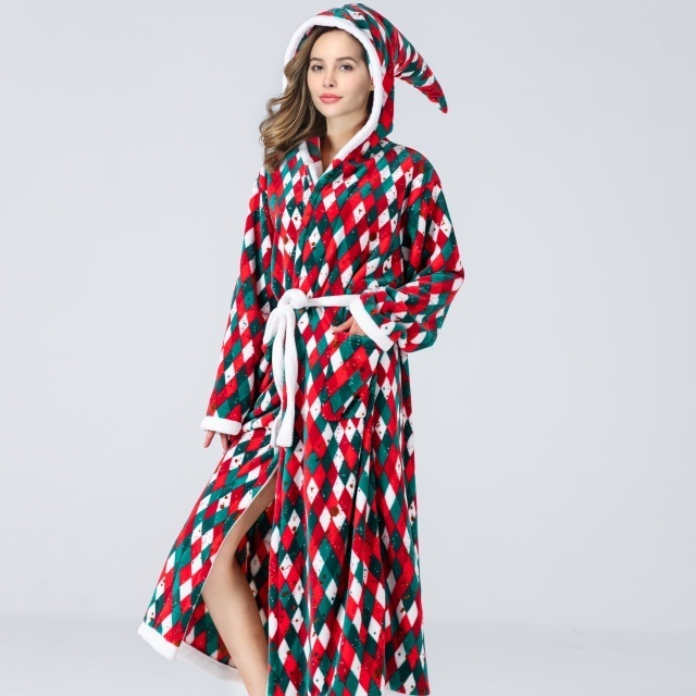 Christmas Checkered Bathrobe Hat Hooded Color Matching Flannel Christmas Luxury Onesie Pajamas Nightgown for Women