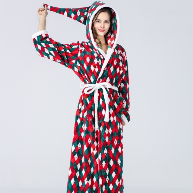 Christmas Checkered Bathrobe Hat Hooded Color Matching Flannel Christmas Luxury Onesie Pajamas Nightgown for Women