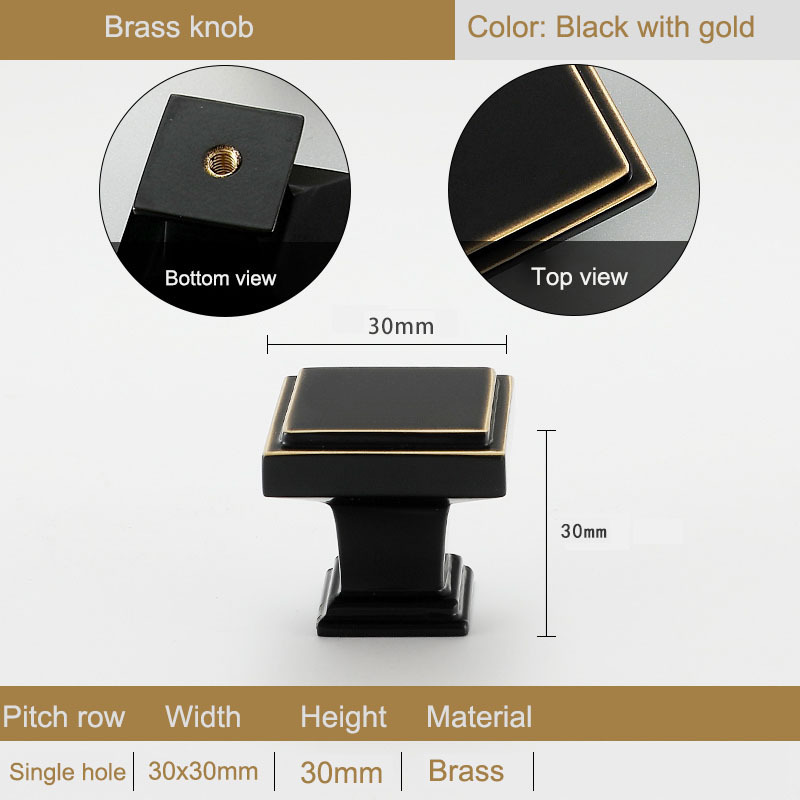 Square Brushed Solid Brass Single Hole Gold Bronze Antique Brass Black color Cabinet Hardware Pull Push Handle Knob