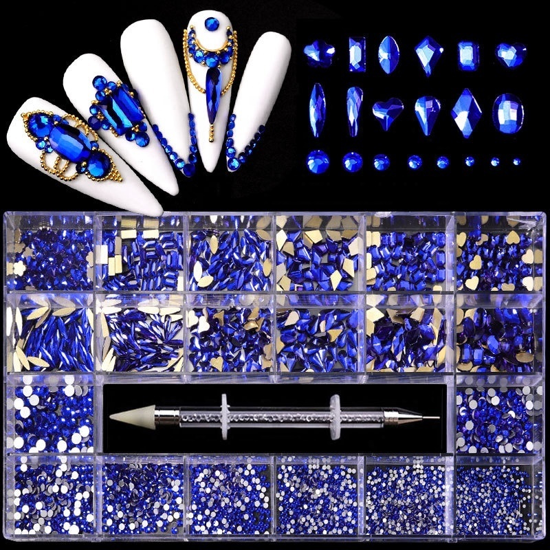 Diy 21 Grid Boxed Nail Art Rhinestone Kits Flatback Nail Gems Multi Shapes Glass Crystal AB Rhinestones for Nail Art