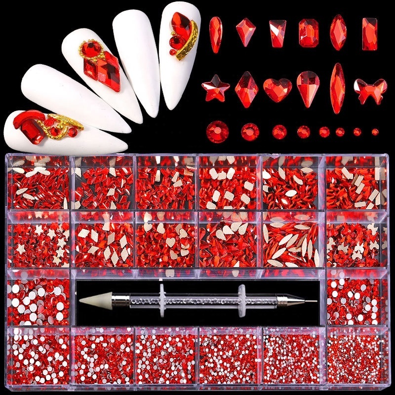 Diy 21 Grid Boxed Nail Art Rhinestone Kits Flatback Nail Gems Multi Shapes Glass Crystal AB Rhinestones for Nail Art