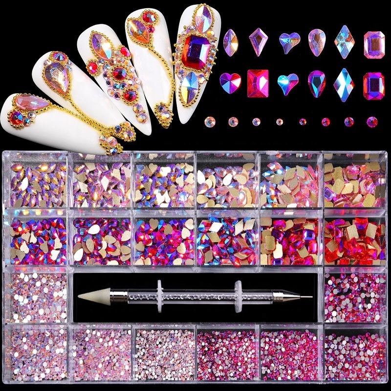 Diy 21 Grid Boxed Nail Art Rhinestone Kits Flatback Nail Gems Multi Shapes Glass Crystal AB Rhinestones for Nail Art