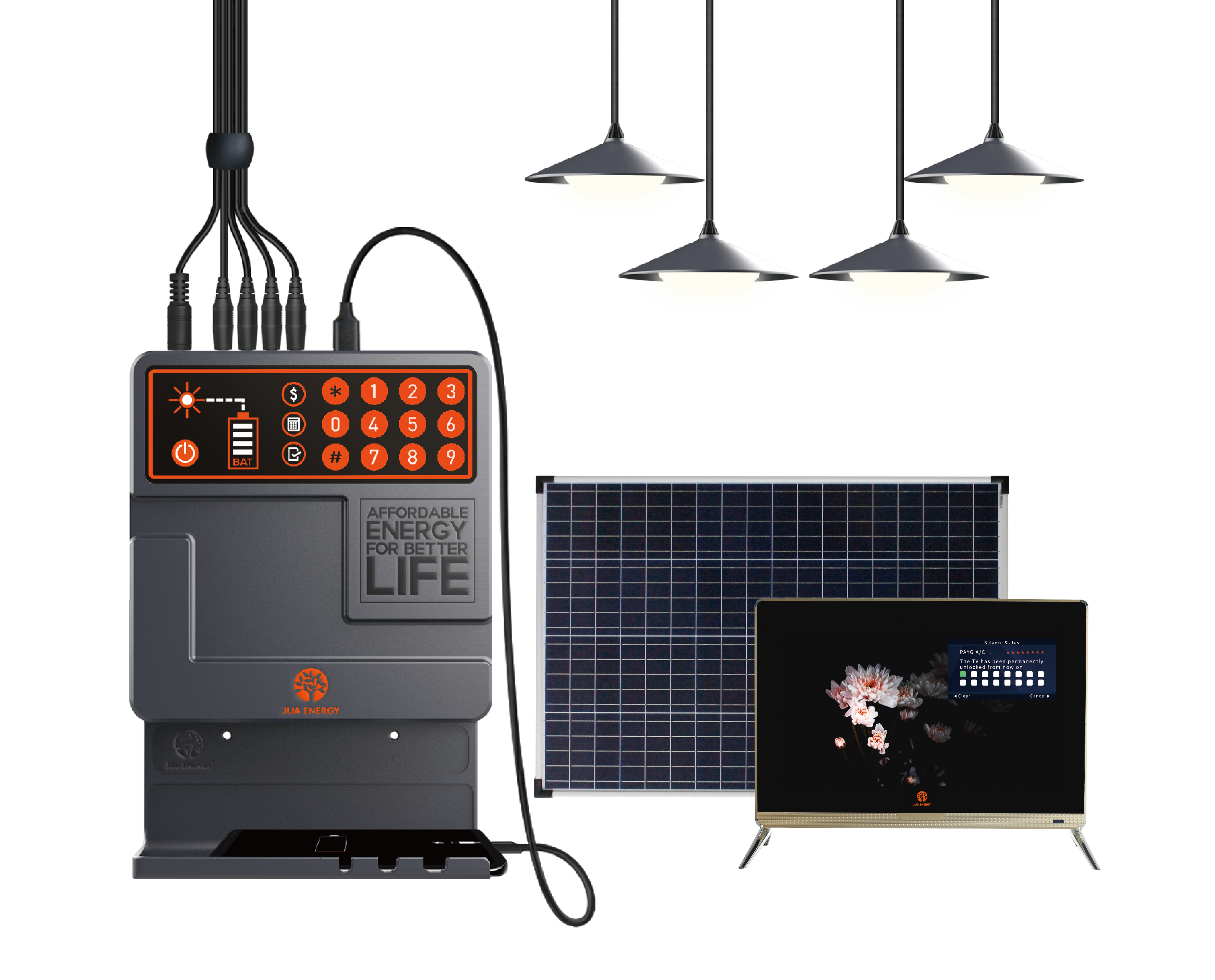 JUA Energy LED Bulbs Solar Light Pay As You Go Solar Energy System Home Solar Power System with 19 Inch TV for Home