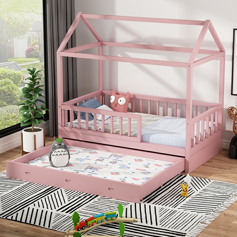 House Kids Bed Frame Children Montessori Beds with Guardrail High Quality Wooden Baby Crib Toddler Bed