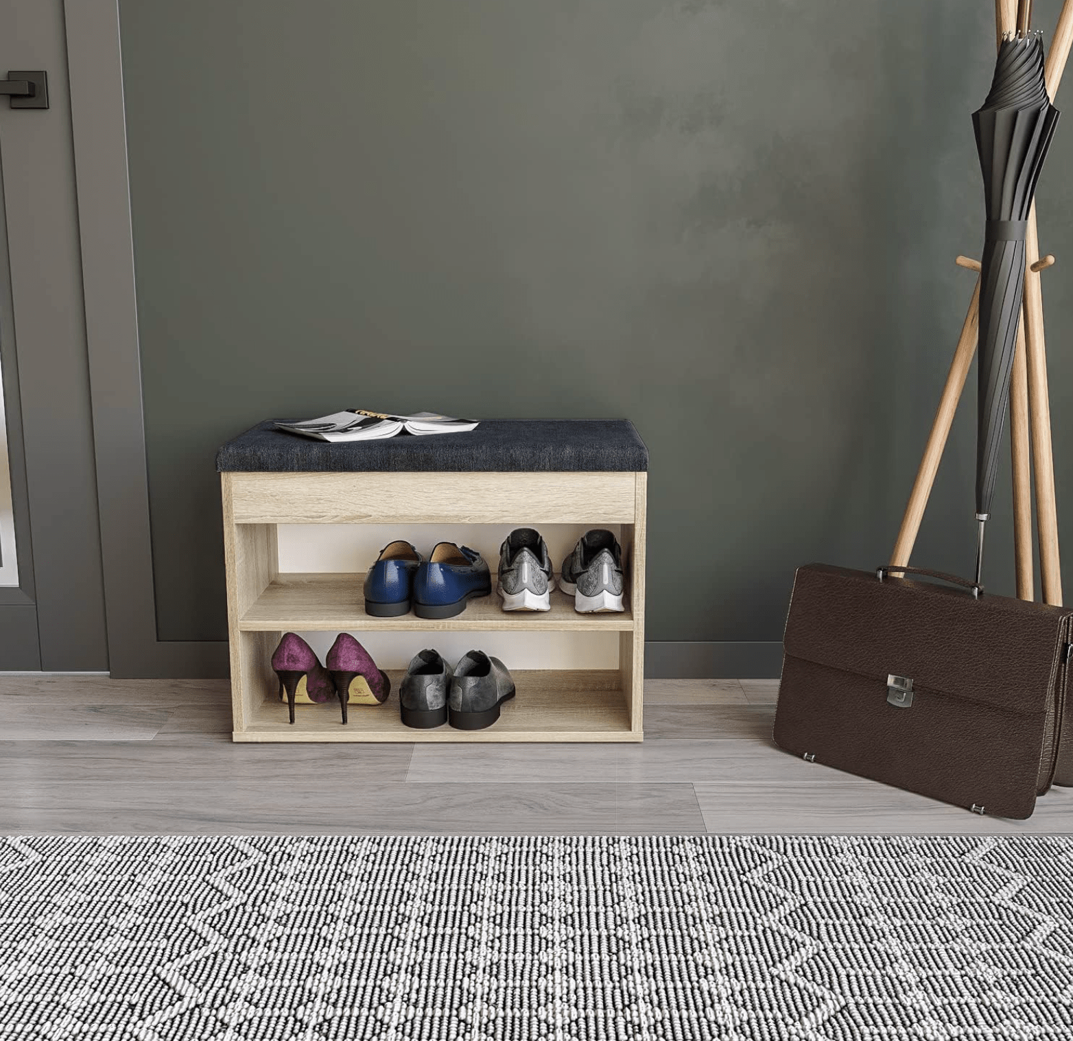 Single Size Wooden MDF PB Double Layer Shoe Bench with Seat Cushion Shoe Storage for the Hallway Small Shoe Rack Cabinet