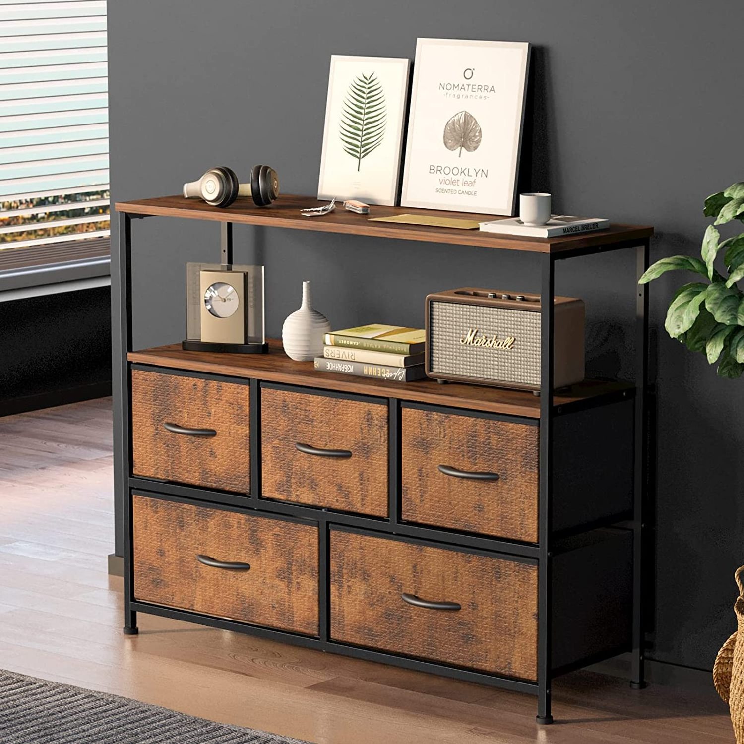 Wide Dresser Storage Tower With 5 Foldable Easy Pull Fabric Bins Organizer Unit Living Room Dresser