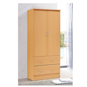 Factory Wholesale Wood Veneer Wardrobe 2-door Armoire With Two Drawers Four Shelves And Hanging Rod