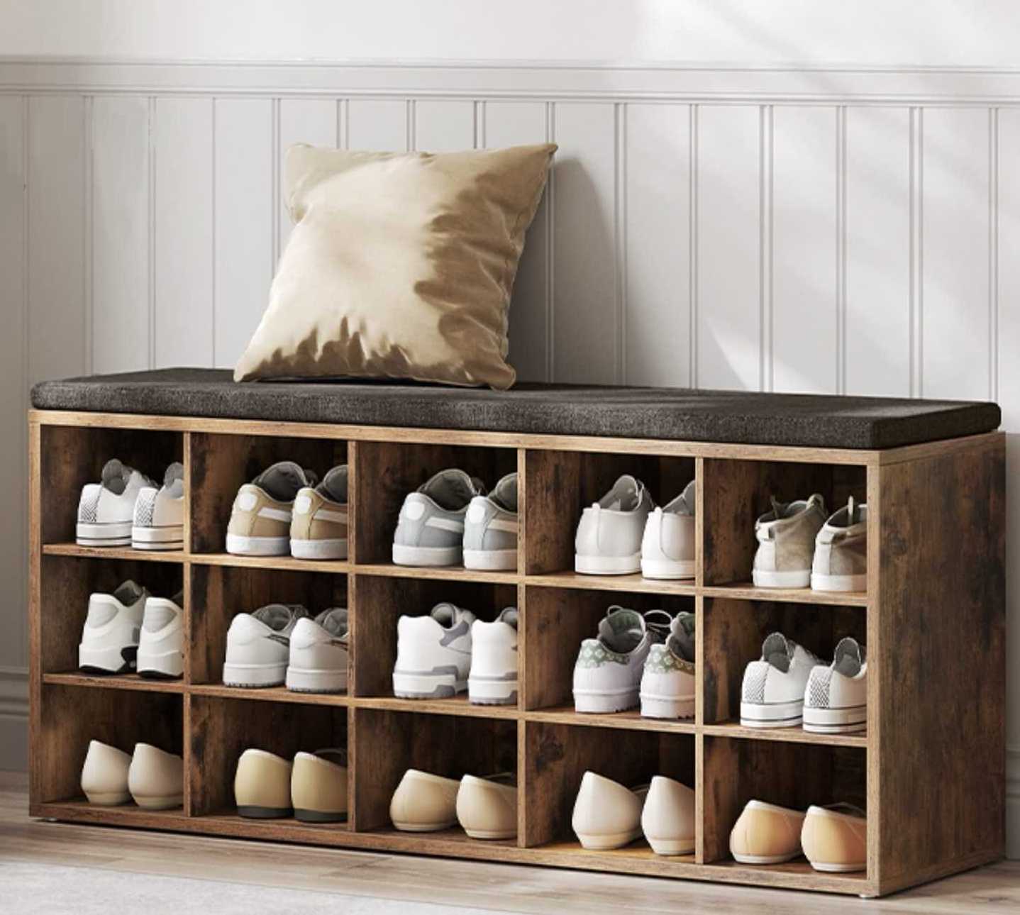 3-Tier Wooden Shoe Rack Storage Cabinet with 15 Compartments Entryway Bench with Cushion