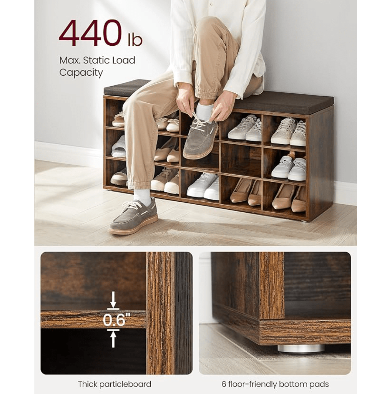 3-Tier Wooden Shoe Rack Storage Cabinet with 15 Compartments Entryway Bench with Cushion