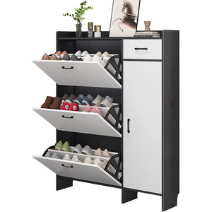 Large capacity hidden tipping shoe storage cabinet 3 Tier free standing wooden shoe rack with Doors for Entryway