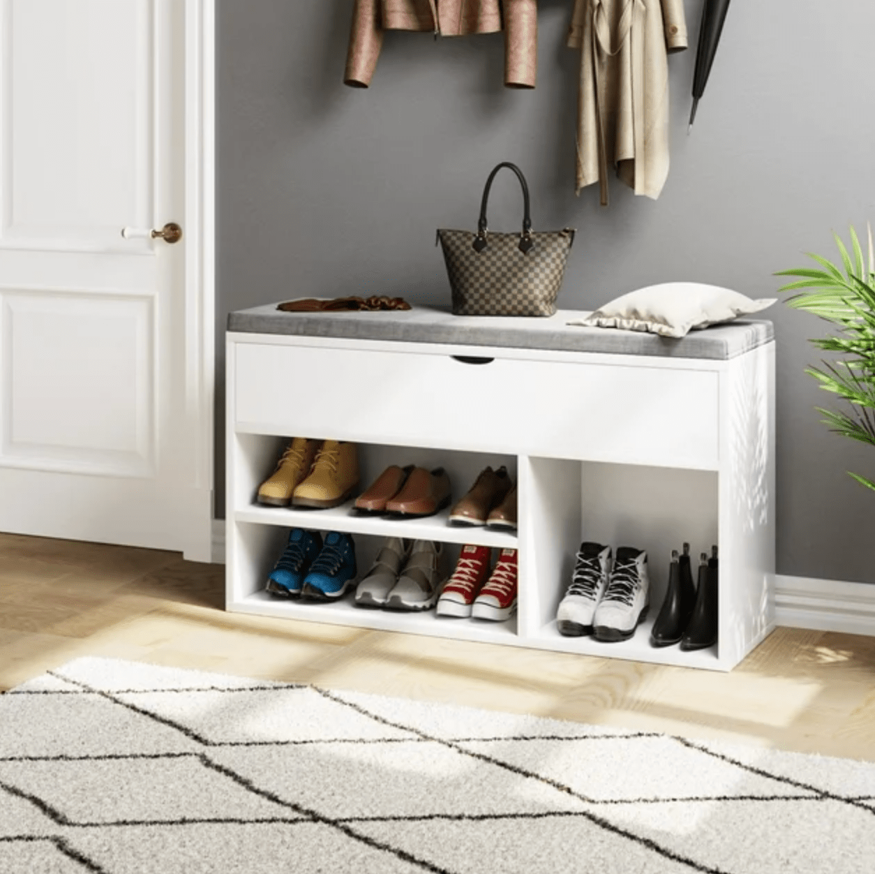 Entry bench with shoe storage for living room bedroom mud room entrance mudroom