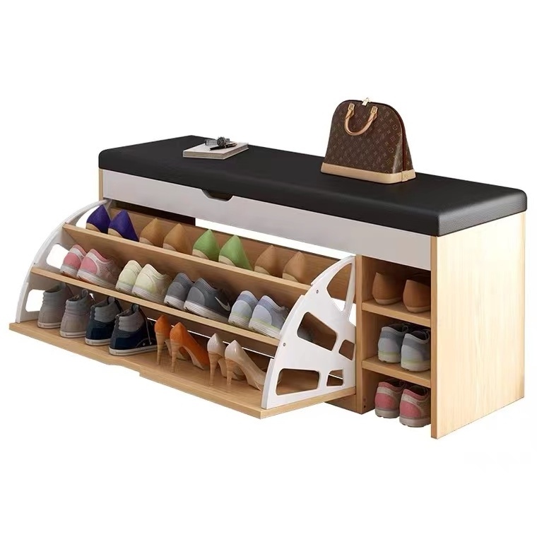 Popular wood shoe cabinet with large storage space wholesale hot sale tipping shoe racks bench