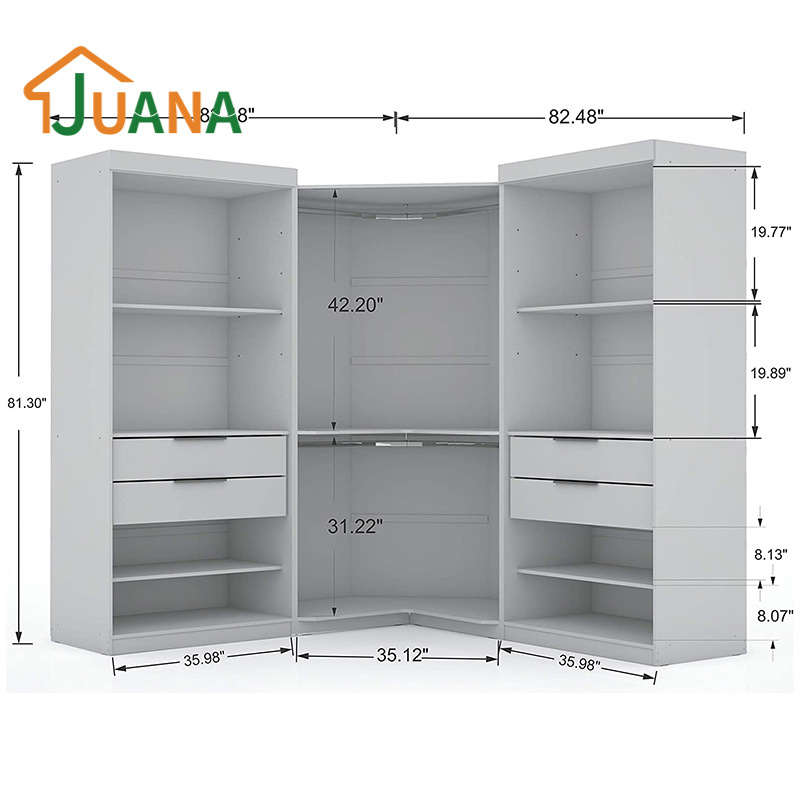 Factory Outlet Modern Open 3 Section Wardrobe Corner Cabinet with 4 Drawers & Set of 3 & White