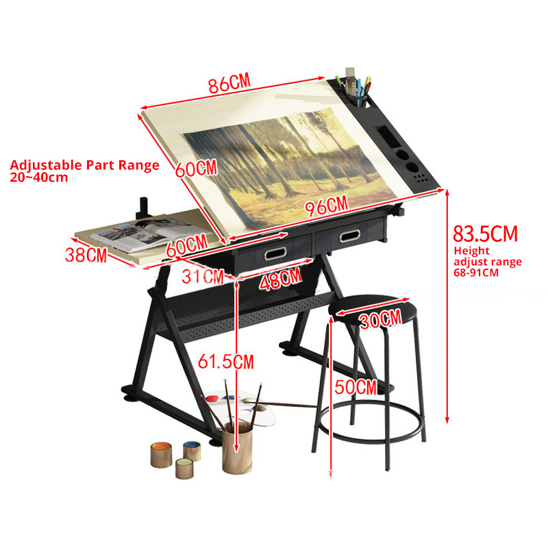 Juana 2 Drawers Acrylic Adjustable Tilting Drawing Table Wooden Drafting Drawing Table Architecture Drawing Table With Stool