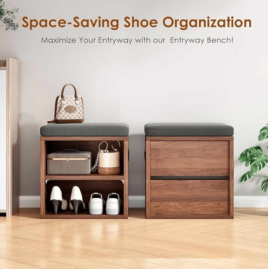 Grey modern wooden entrance entryway cube shoe storage bench with seat cushion shoe rack with bench