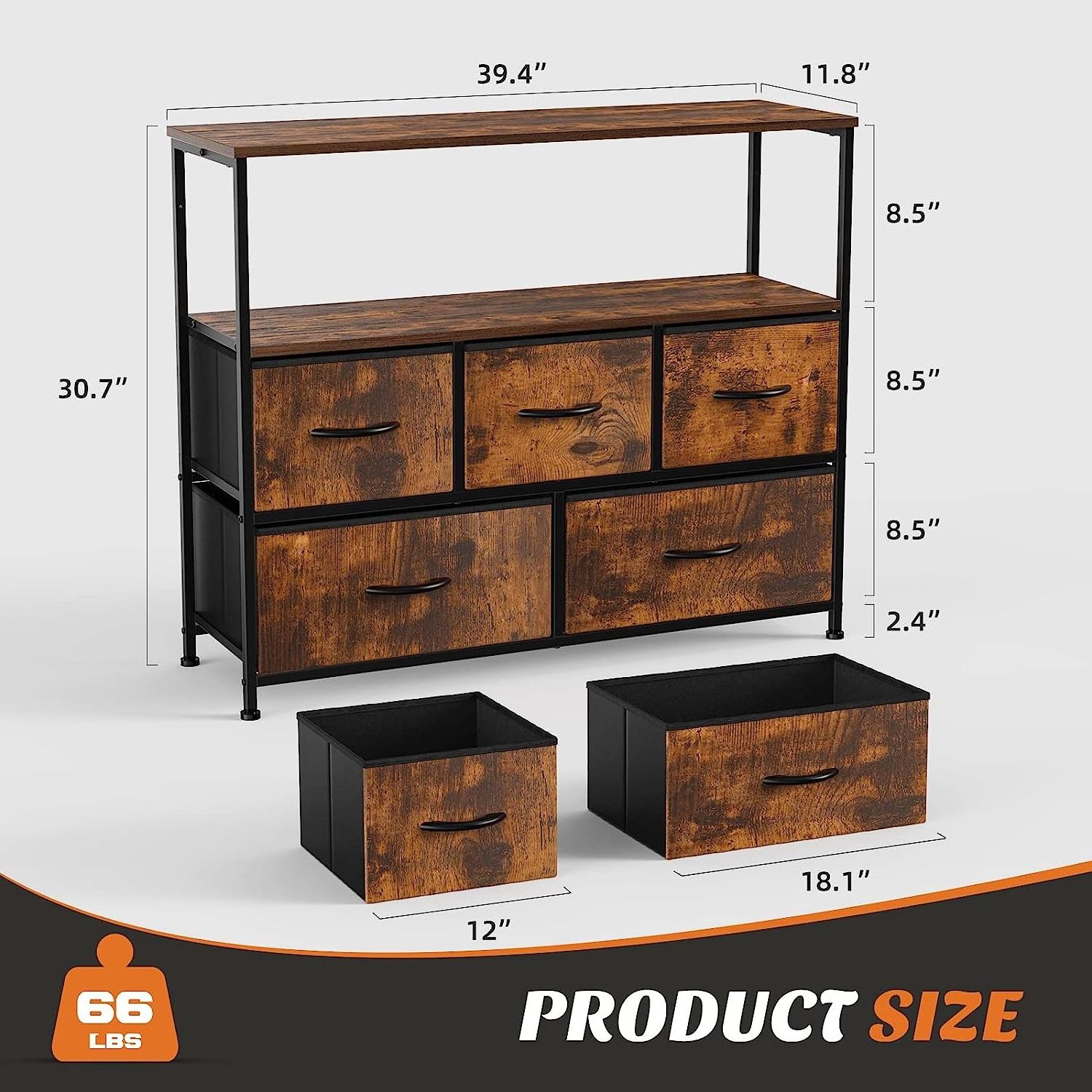 Wide Dresser Storage Tower With 5 Foldable Easy Pull Fabric Bins Organizer Unit Living Room Dresser