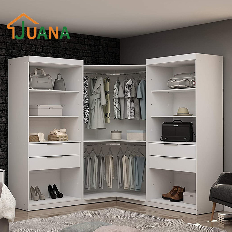 Factory Outlet Modern Open 3 Section Wardrobe Corner Cabinet with 4 Drawers & Set of 3 & White