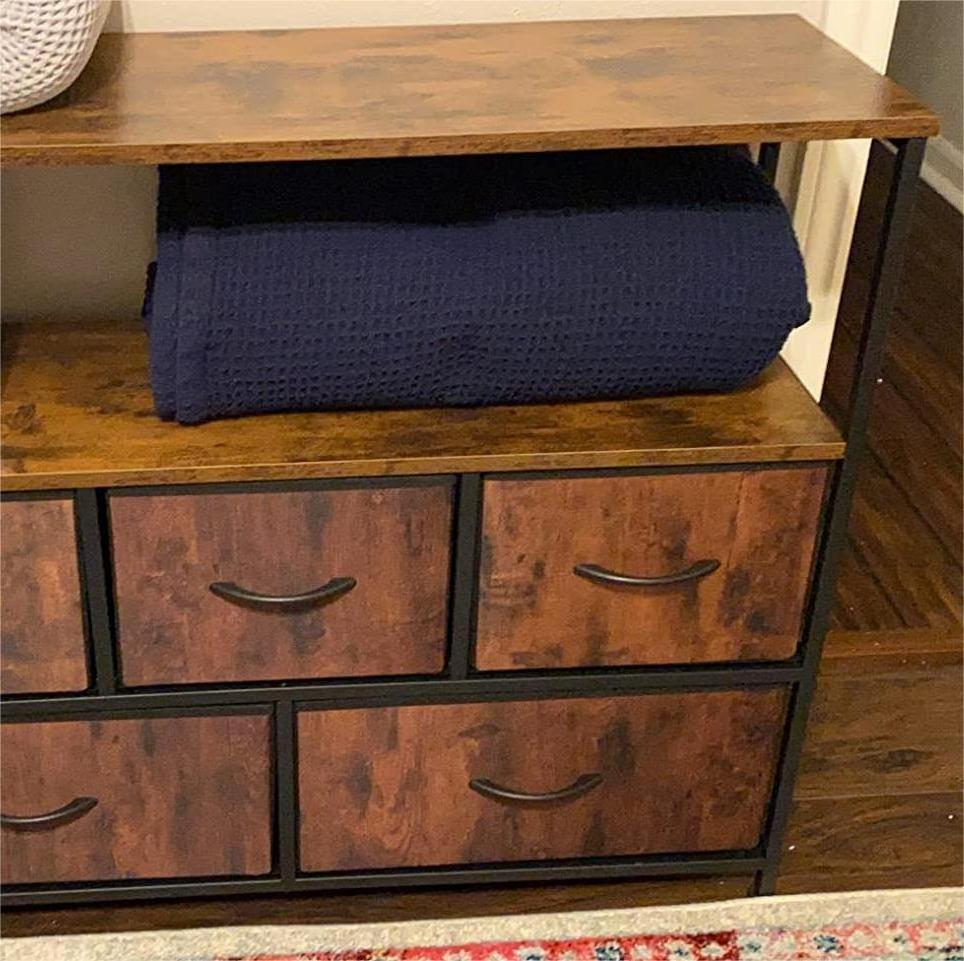 Wide Dresser Storage Tower With 5 Foldable Easy Pull Fabric Bins Organizer Unit Living Room Dresser