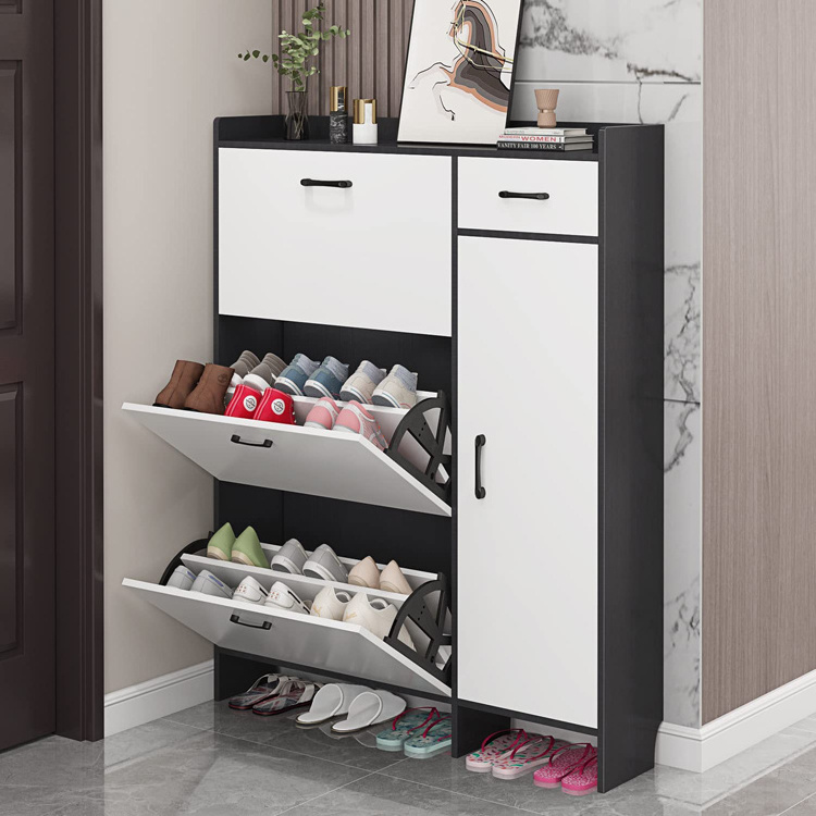 Large capacity hidden tipping shoe storage cabinet 3 Tier free standing wooden shoe rack with Doors for Entryway