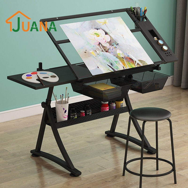 Juana 2 Drawers Acrylic Adjustable Tilting Drawing Table Wooden Drafting Drawing Table Architecture Drawing Table With Stool