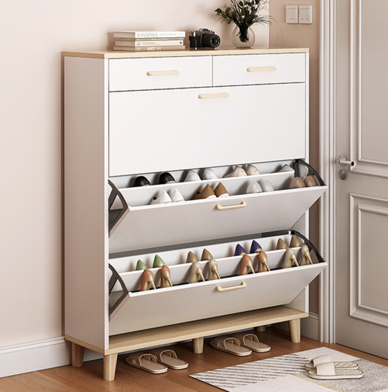 Beech wood white MDF board E1E0 shoe racks easy to installed living room shoe rack cabinet for hallway entrance