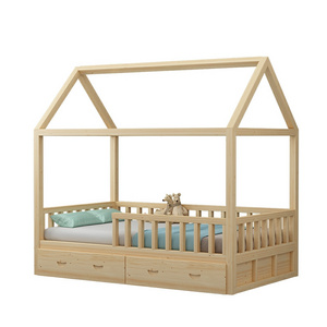 House Kids Bed Frame Children Montessori Beds with Guardrail High Quality Wooden Baby Crib Toddler Bed