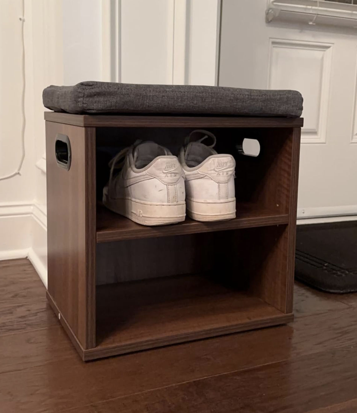 Grey modern wooden entrance entryway cube shoe storage bench with seat cushion shoe rack with bench