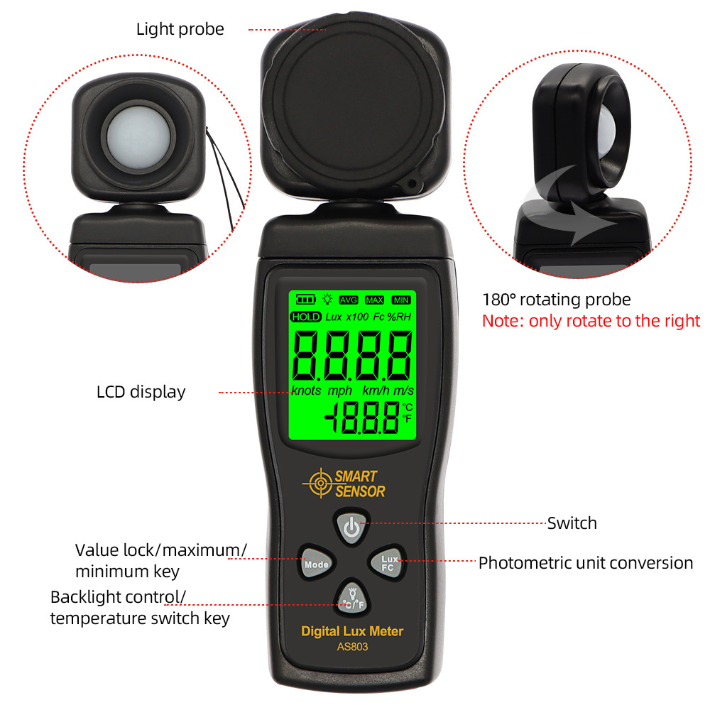 Digital Light Meter Luminance Tester Lux UV Radiometer Lux Meter LCD Illuminometer Photometer Luminance Tester AS803 Luxmeter