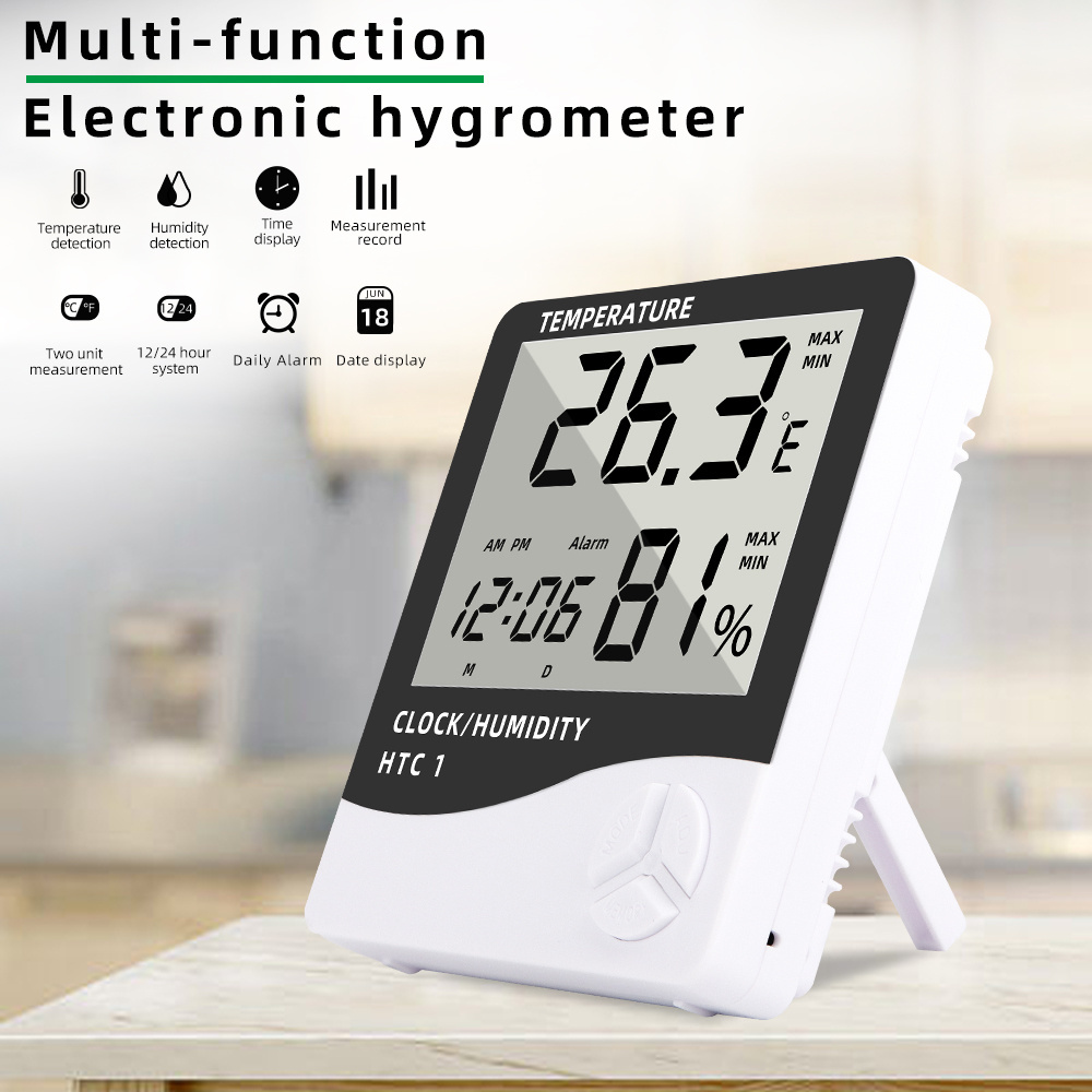 Hygrometer Thermometer Temperature Humidity Meter Alarm Clock Calendar Indoor Outdoor Tester with Large LCD Screen Display