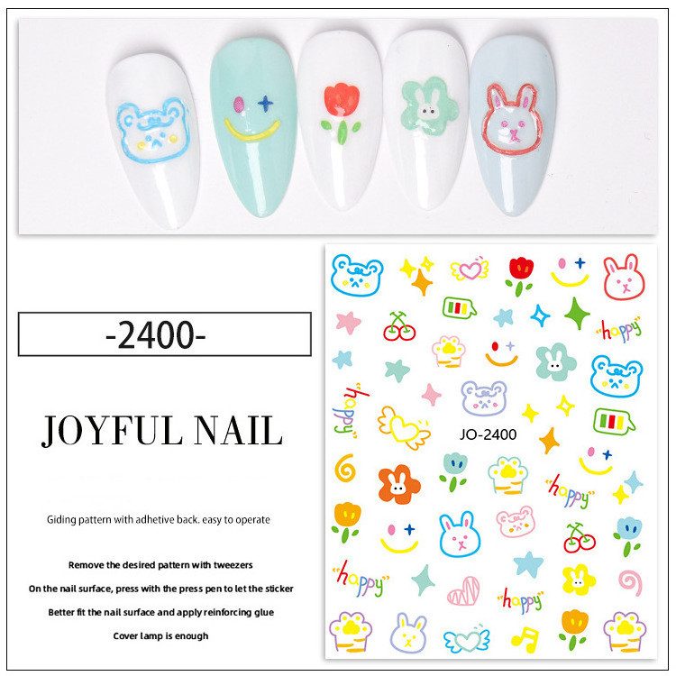 Wholesale 6 Design Nail Cute Graffiti Wind Nail Sticker Love Cloud Rabbit Flower 3D Nail Sticker Decal