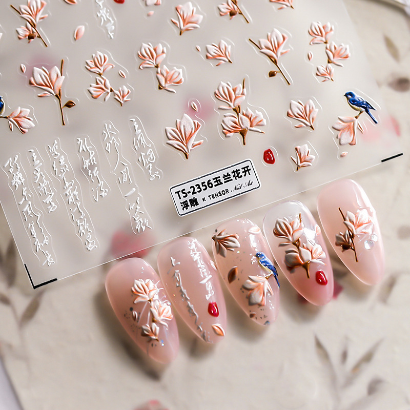 Stereoscopic 5D Pink Magnolia Flower Nail Sticker Back Glue Nail Sticker Charm Jewelry 2023 Nail Art Jewelry Sticker