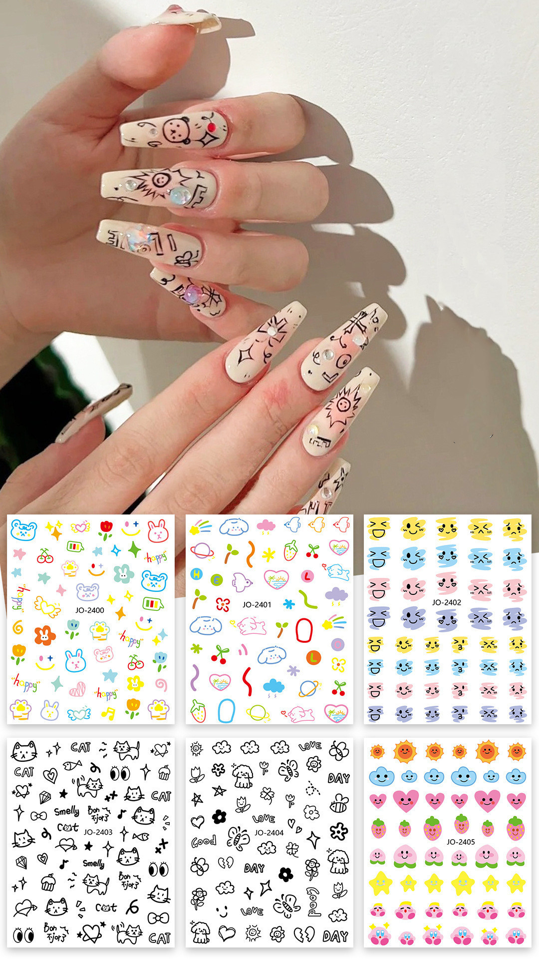 Wholesale 6 Design Nail Cute Graffiti Wind Nail Sticker Love Cloud Rabbit Flower 3D Nail Sticker Decal