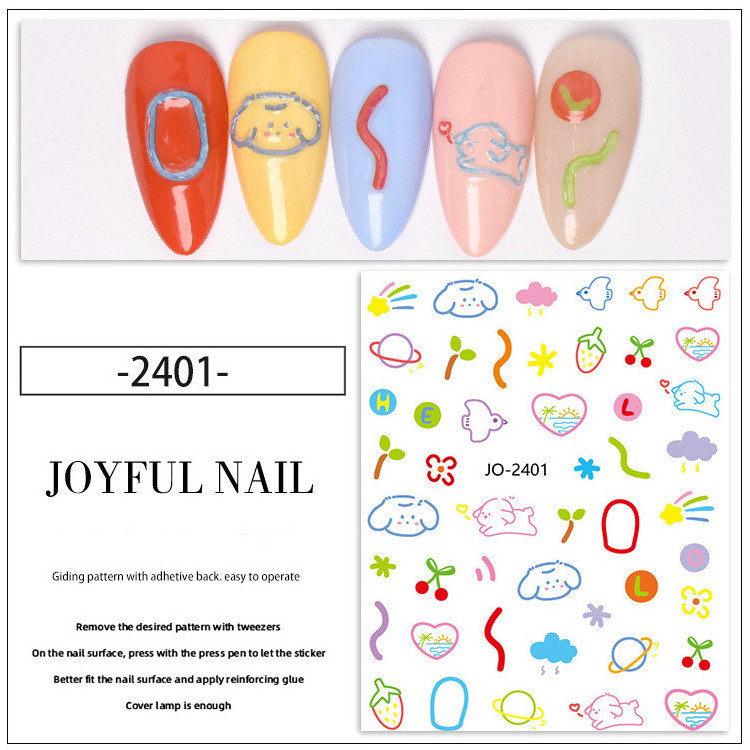 Wholesale 6 Design Nail Cute Graffiti Wind Nail Sticker Love Cloud Rabbit Flower 3D Nail Sticker Decal