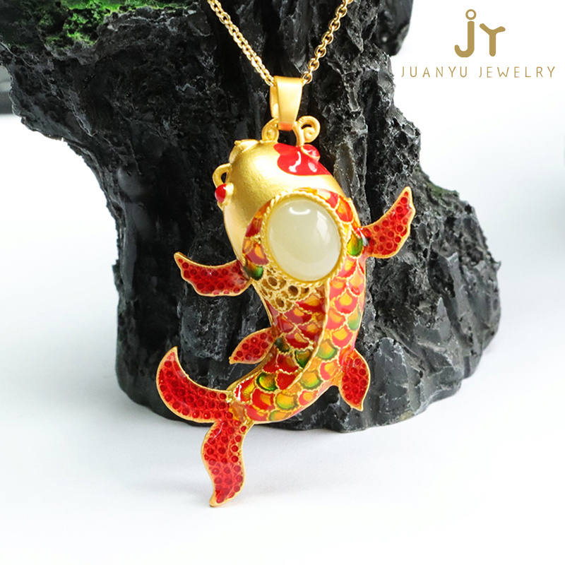 Enamel Gold Plated Copper Pendants Fish Shape Jewelry Stone Hetian Jade Pendants Precious Stone Natural Stone Koi Pendants