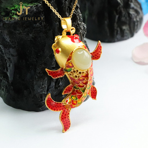 Enamel Gold Plated Copper Pendants Fish Shape Jewelry Stone Hetian Jade Pendants Precious Stone Natural Stone Koi Pendants